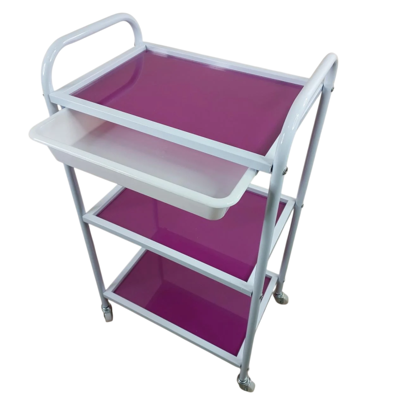 Візок косметологічний ДенІС professional Білий з фіолетовим 81х30х44 см Косметологічний візок з полицями і висувним лотком