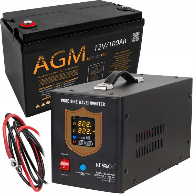 Комплект резервного живлення KEMOT PROsinus-1000 12 В 1000/700 Вт + акумулятор TECHTRU AGM-12-100-AC 12 В 100 Аh